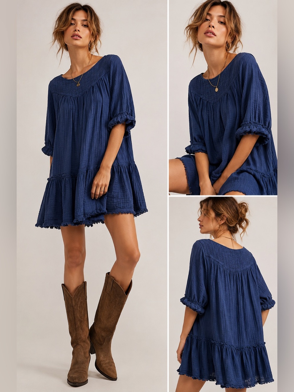 Free People Mystery Land Blue Smocked Tiered Boho Tunic Dress Size M